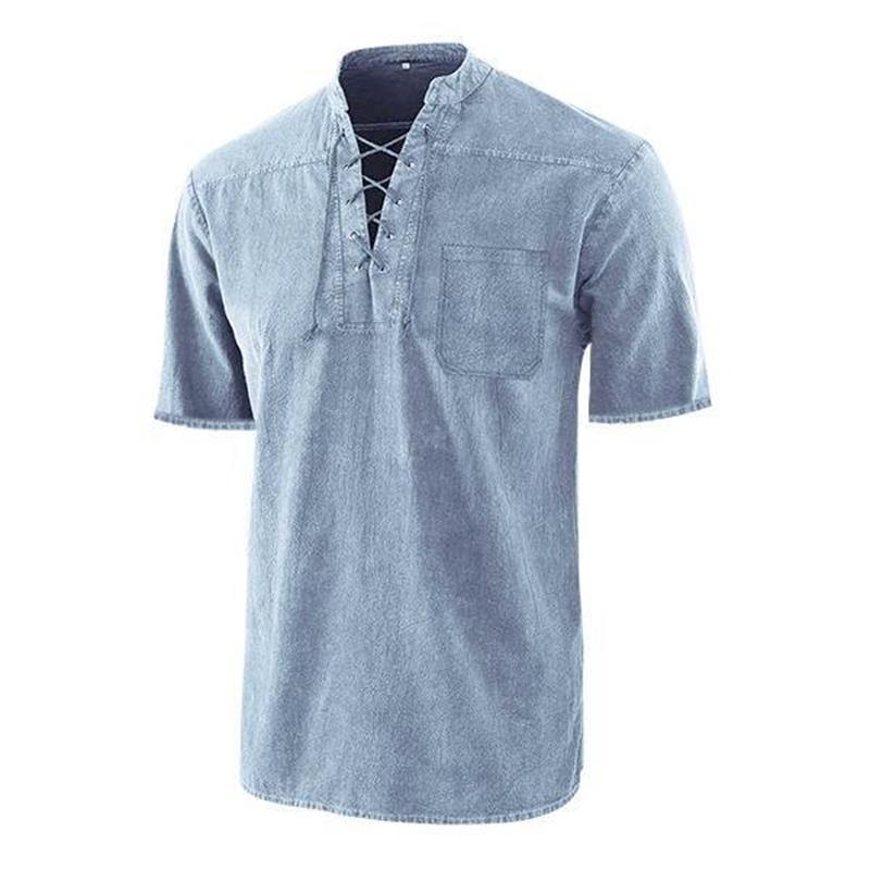 Men Gothic Retro T-Shirt, Lace-up V-neck, Linen Pocket