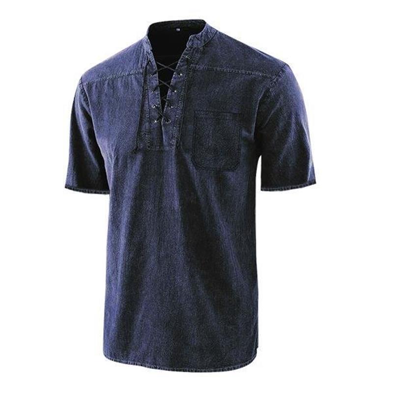 Men Gothic Retro T-Shirt, Lace-up V-neck, Linen Pocket