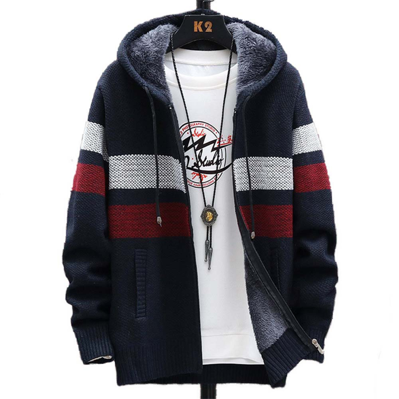 Men's striped knitted jacket with hood