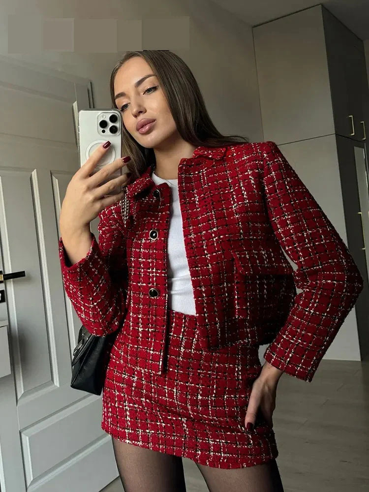 🎅Xmas Sales - 50% OFF🎄Warm Plaid Blazer and High-Waisted Skort 2 PCS Set