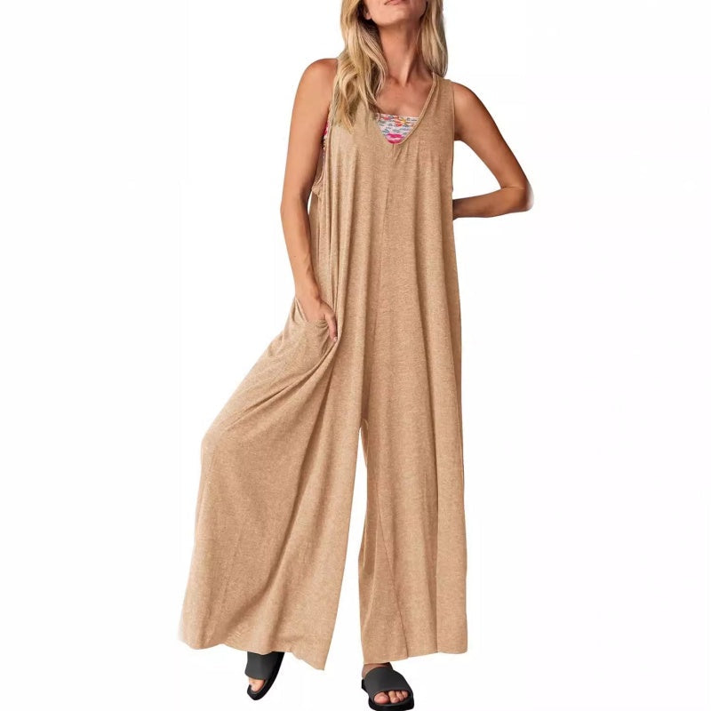 Women's Casual V-Neck Sleeveless Wide Leg Jumpsuit