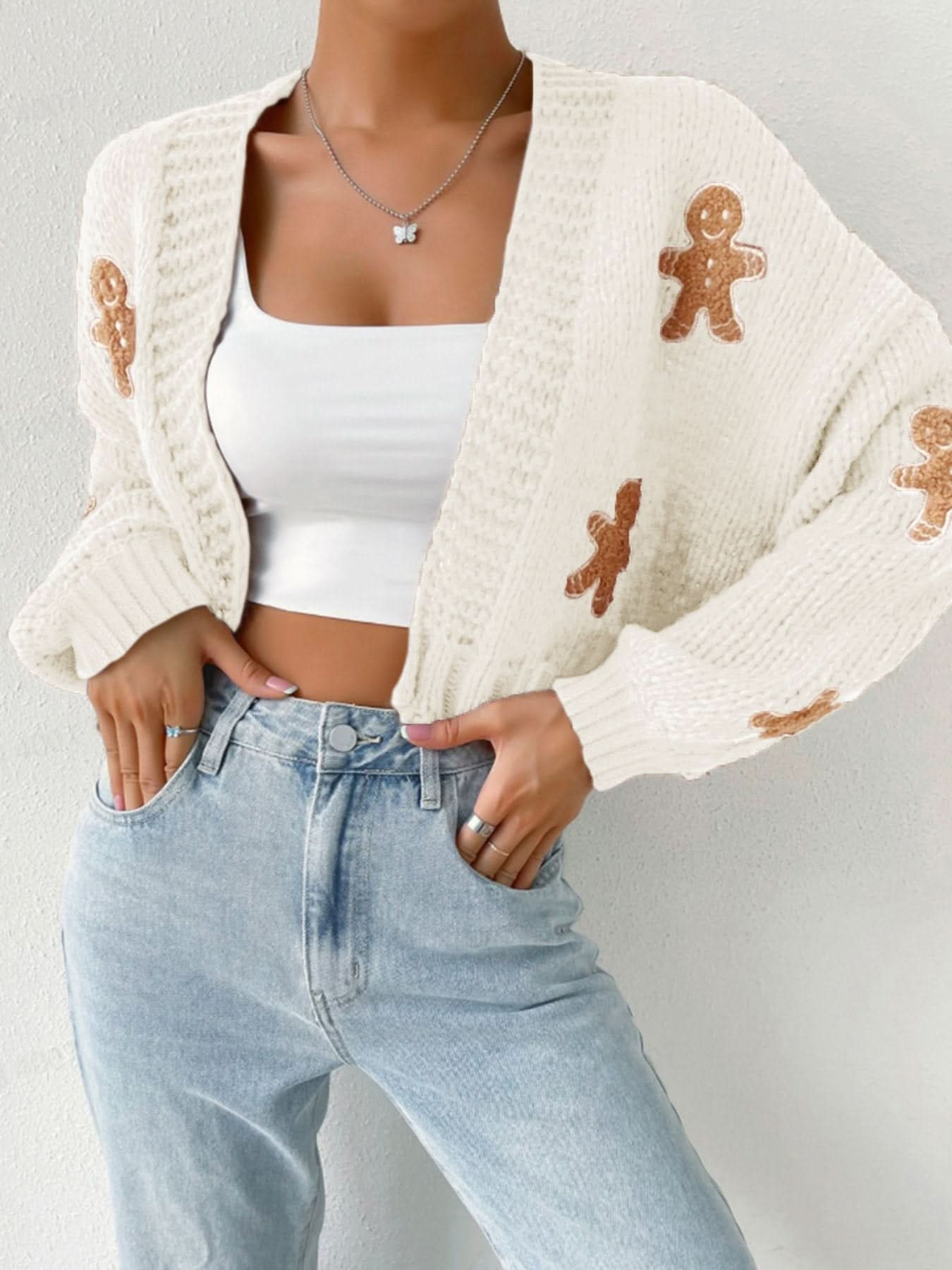 Women's Cartoon Print Drop Shoulder Crop Sweater Cardigan