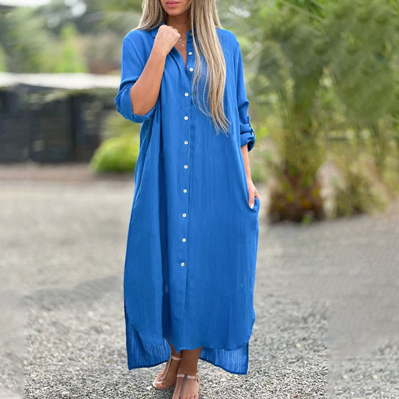 Lapel Long Sleeve Button Down Shirt Dress