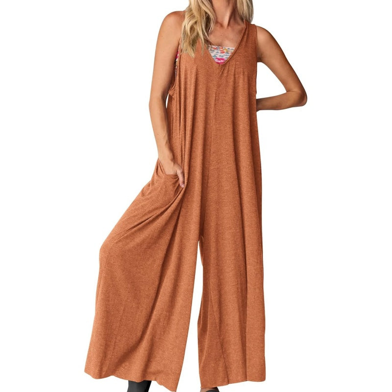 Women's Casual V-Neck Sleeveless Wide Leg Jumpsuit