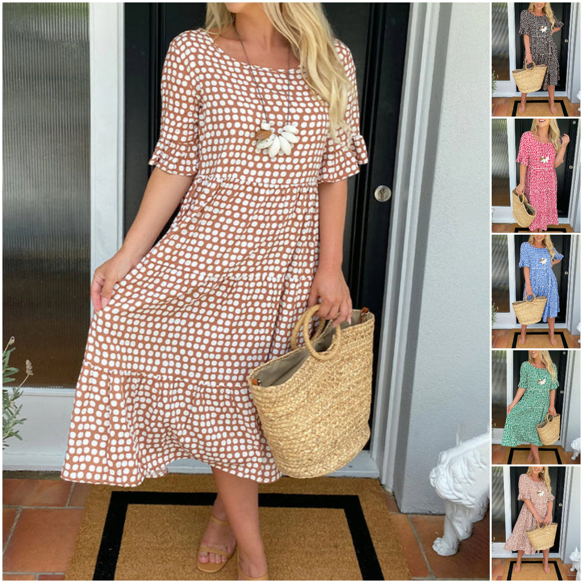 🎁2024 Big Sale🎁💥Round Neck Polka Dot Print Midi Dress