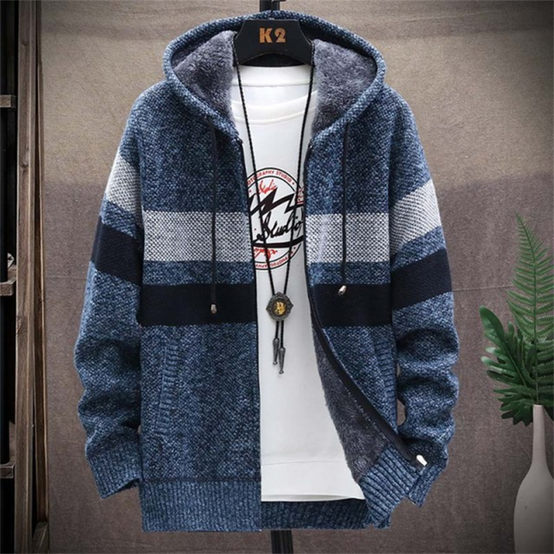 Men's striped knitted jacket with hood