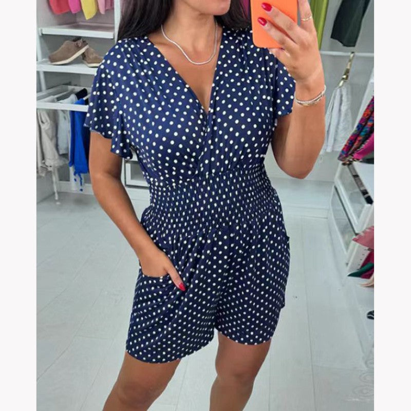 Polka Dot V-Neck One-piece Shorts Jumpsuit