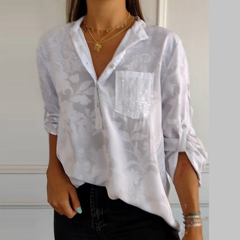 🌷Limited Time Offer 49% OFF💃Women's Casual Lapel Printed Top with Adjustable Sleeves