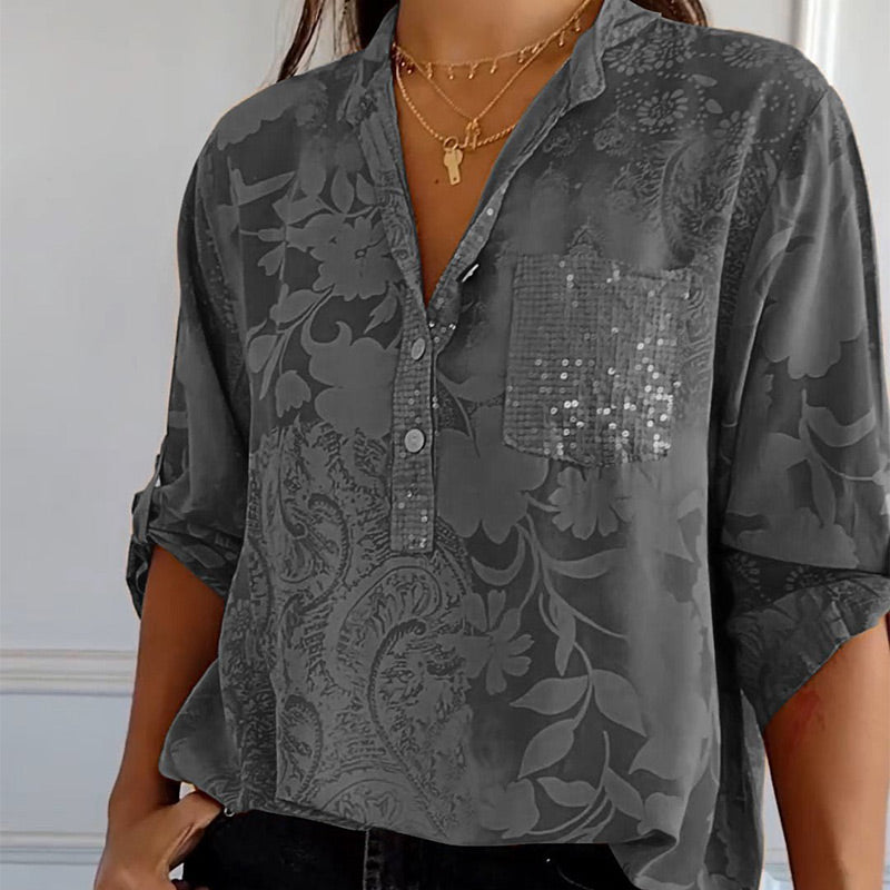 🌷Limited Time Offer 49% OFF💃Women's Casual Lapel Printed Top with Adjustable Sleeves