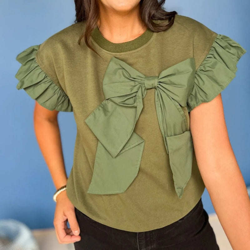 🌷Limited Time 50% OFF💞Bow Tie Short Ruffle Sleeve Top