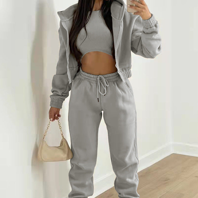 2025 Women's sporty casual hooded sweatshirt + slim-fit vest + trousers, set of 3.