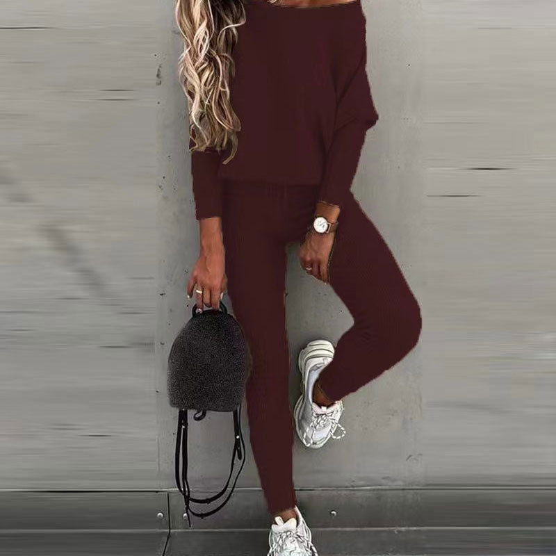 Off-Shoulder Long Sleeve Top with Drawstring Pants Set