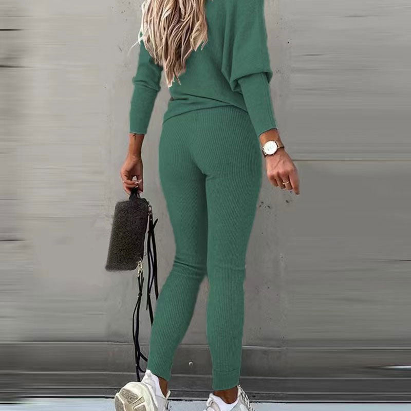 Off-Shoulder Long Sleeve Top with Drawstring Pants Set