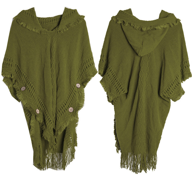 Women’s Elegant Hooded Knit Poncho Sweater with Fringe Trim