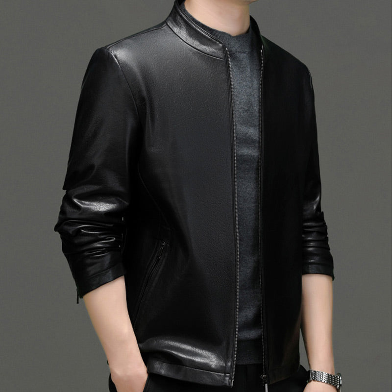 Men's Classic PU Leather Jacket with Zipper Front