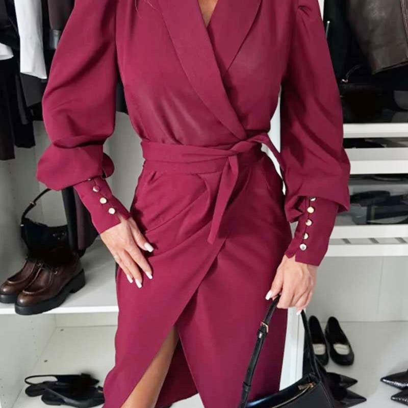 Women's Long-Sleeve V-Neck Tie Waist Split Dress