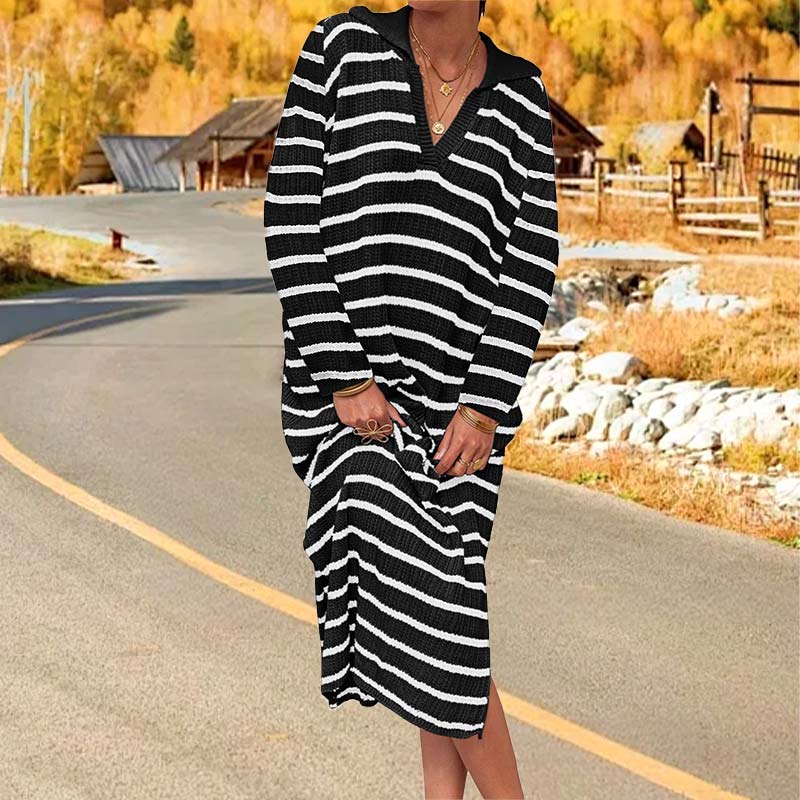 Elegant V-Neck Striped Split Hem Dress