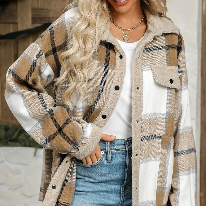 Women’s Casual Sherpa Plaid Long-sleeve Button-down Coat