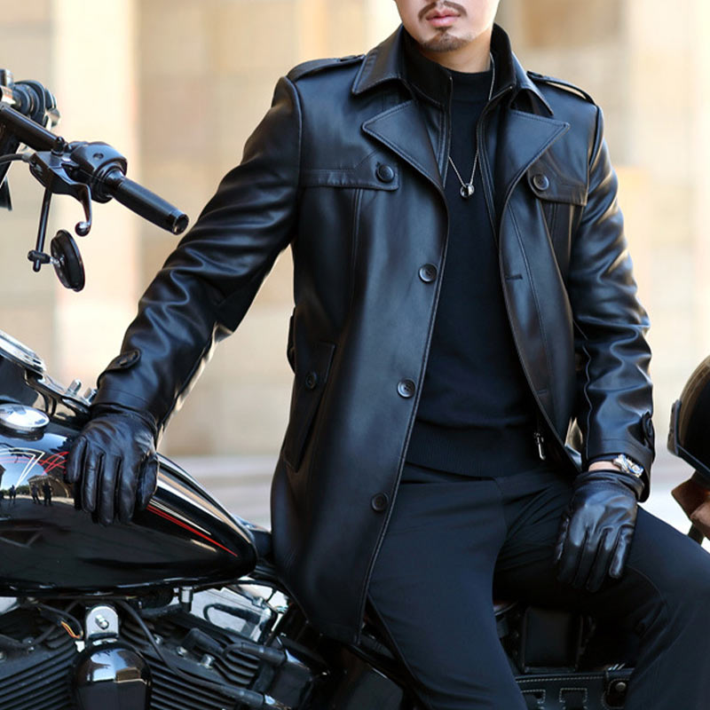 Men's PU Leather Double-Breasted Trench Coat