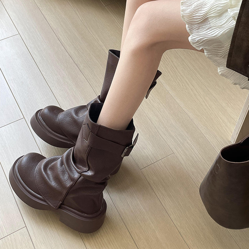 Vintage Mid-Calf Pleated Chunky Heel Boots