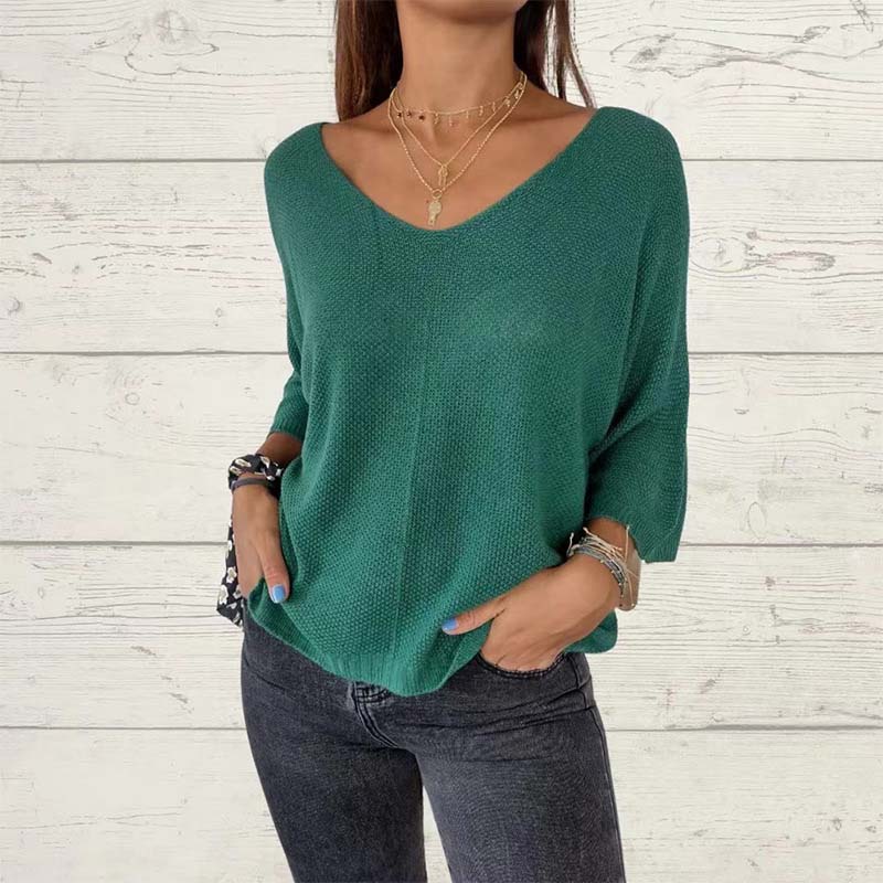 Women's Batwing Sleeve Solid Color V-Neck Knit Top