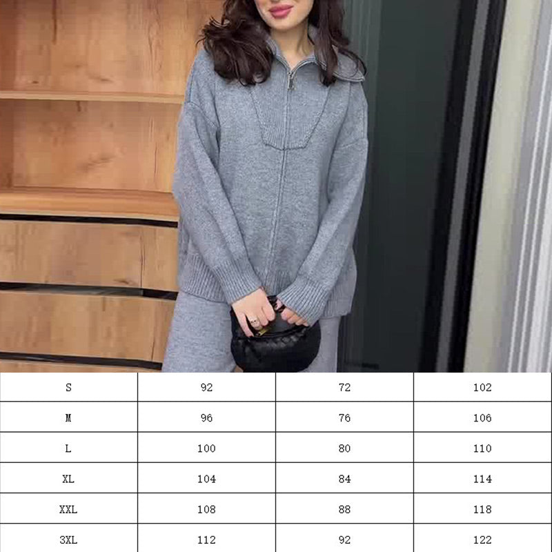 Women's Casual Knit 2-Piece Outfits - Full-Zipper Lapel Top & Wide-Leg Pants