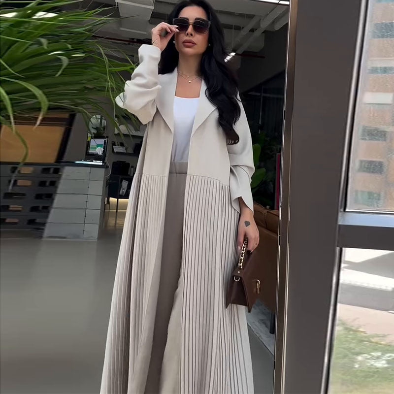 Women’s Chic Notched Lapel Pleated Bottom Maxi Trench Coat And Wide-leg Pants Set