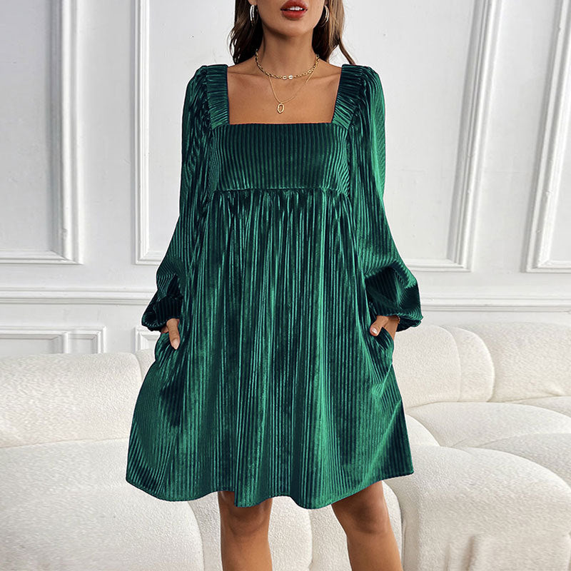 🎅Xmas Sales - 50% OFF🎄Women's Square Neck Velvet Babydoll Dresses with Tie-Back