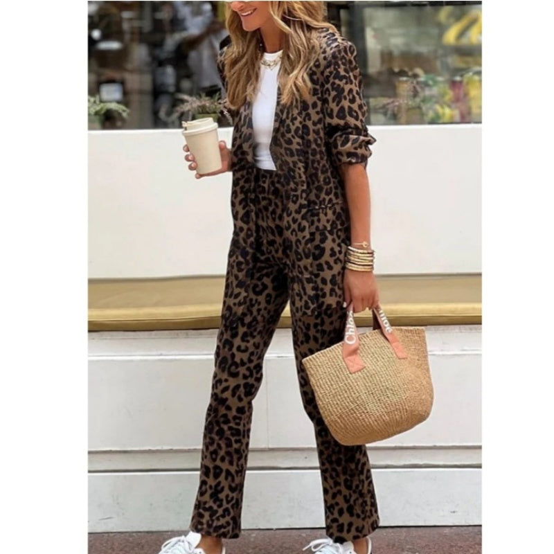 Leopard Print Lapel Long Sleeve Top High Waisted Pants Set