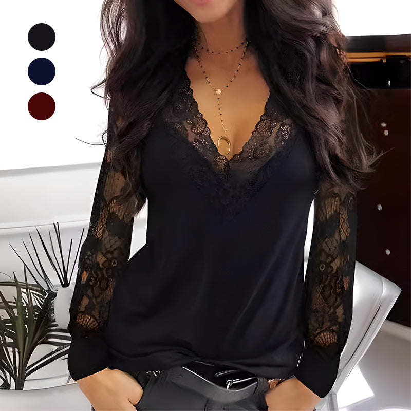 V-Neck Long Sleeve Top with Lace Details