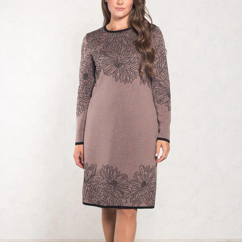 Printed Straight Long Sleeve Crew Neck Dress