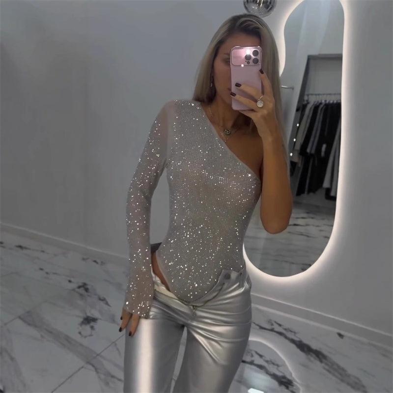 Women's One Shoulder Sequin Bodysuit