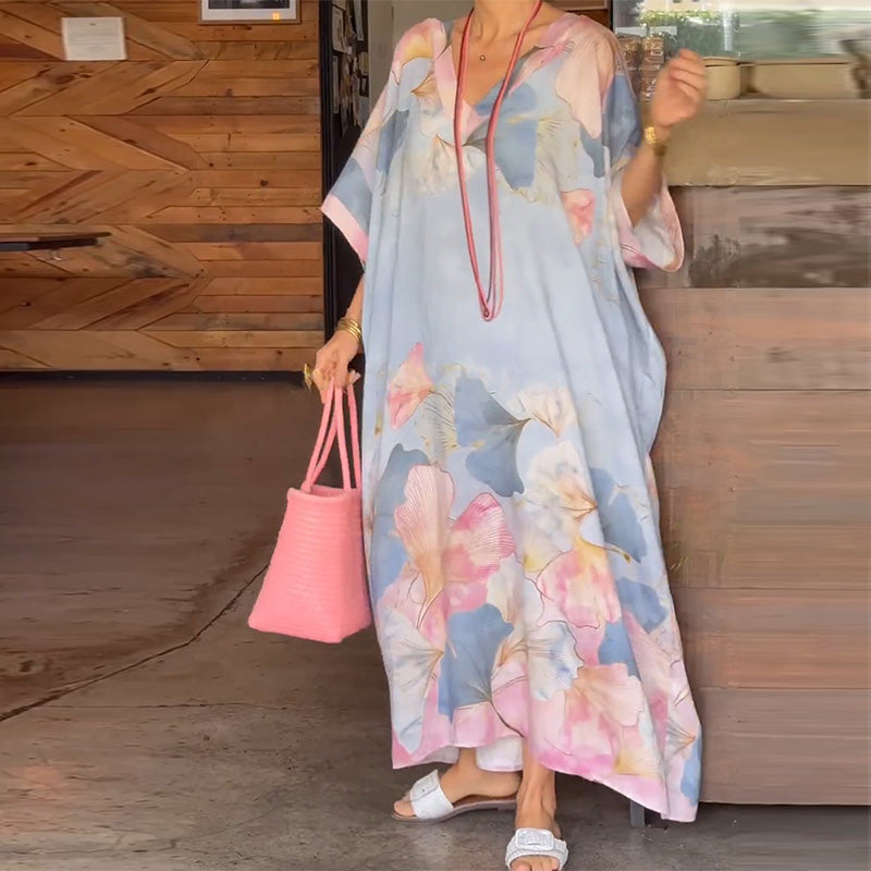 🔥2025 NEW SALES - 50% OFF🔥Floral Print Loose Long Dress with Half Sleeves