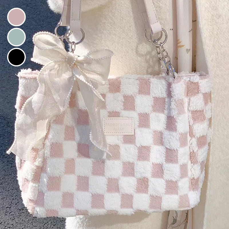 🎁Women's Fashion Plush Plaid Shoulder Tote Bag