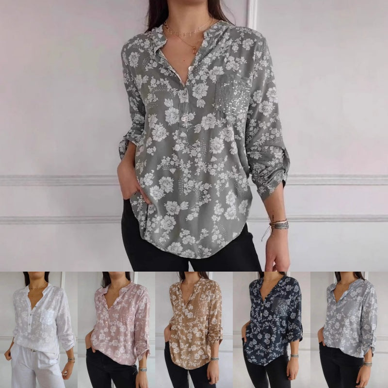 🌸Spring Specials🌸 Women's Floral Print Long Sleeve Blouse with Sequin Pocket