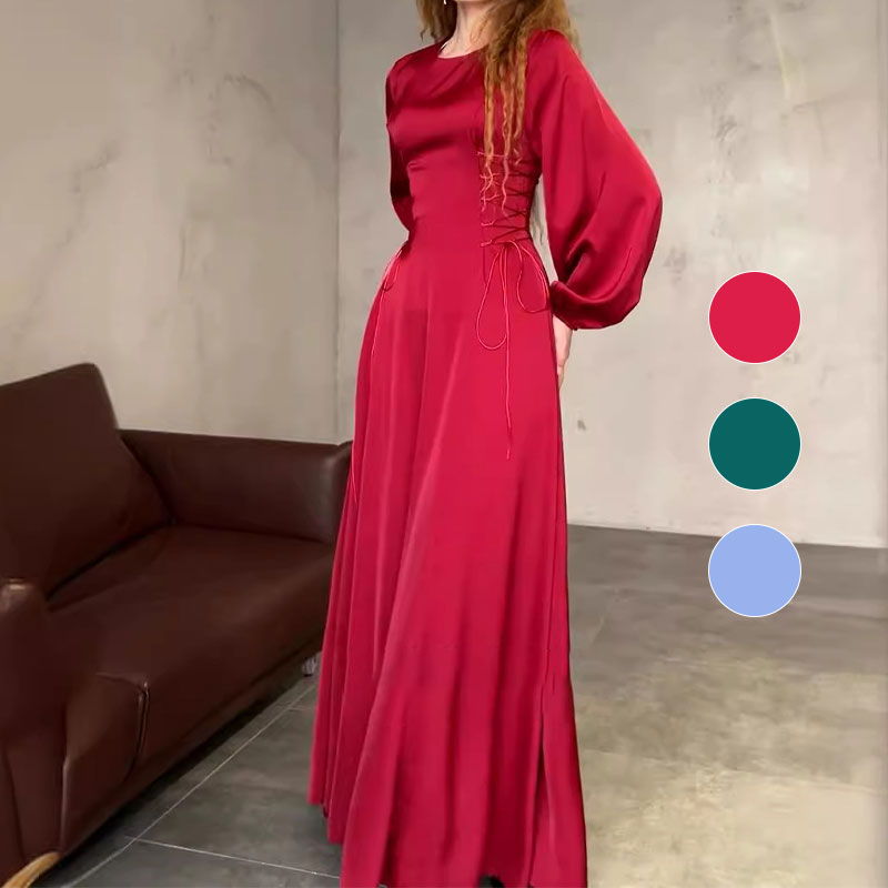 Women's Side-Tie Waist Puff-Sleeve Maxi Dress