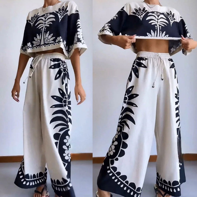 Printed Casual Top & Drawstring Pants Set