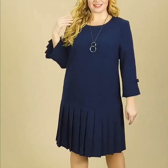 Women's Casual Round-Neck Dress with Pleated Hem