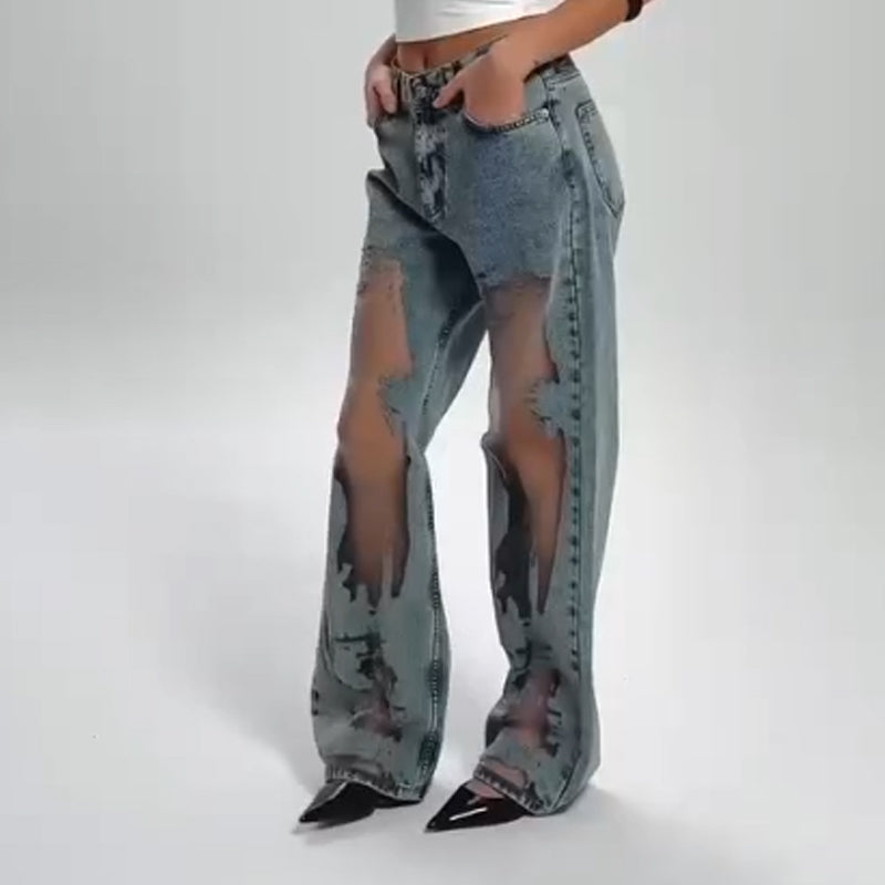 💥Women's Vintage Mesh Patchwork Printed Jeans👖