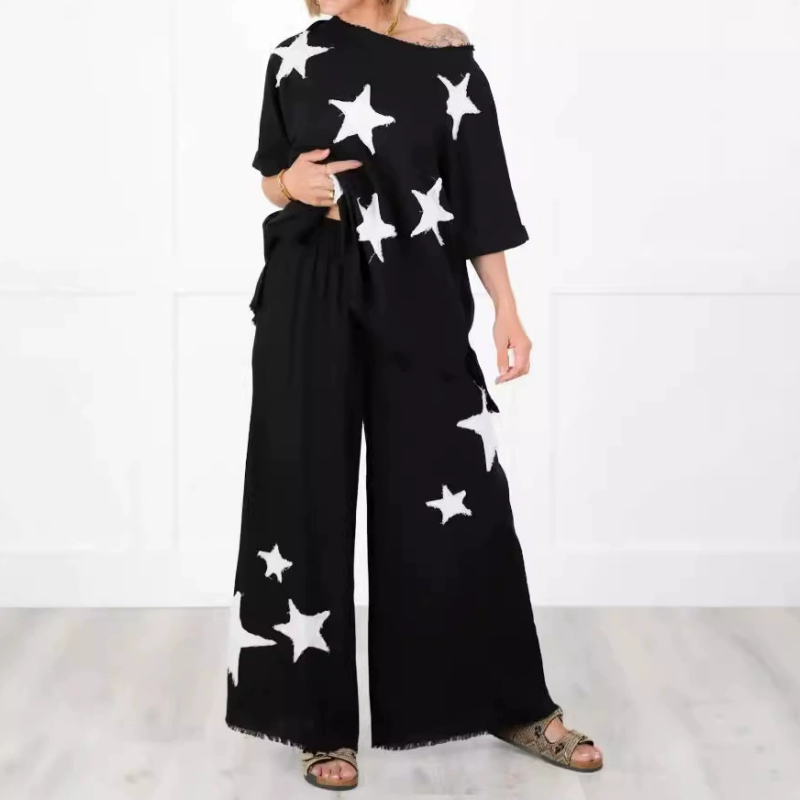 Women's Star Patch Short Sleeve Casual Two-Piece Set