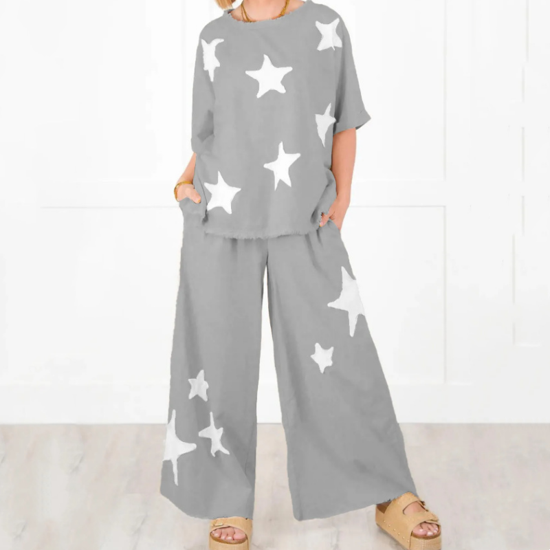 Women's Star Patch Short Sleeve Casual Two-Piece Set