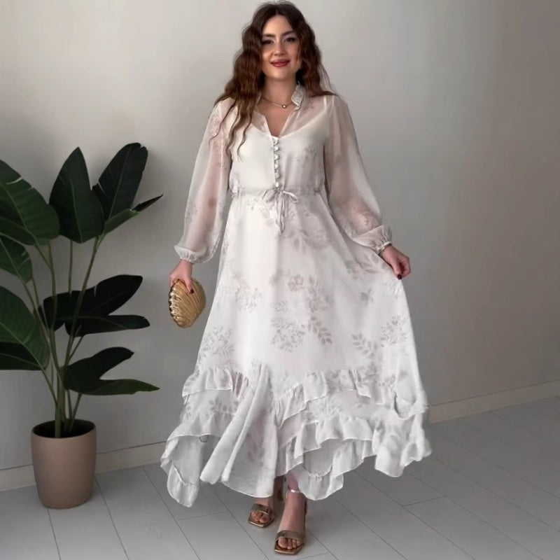 Women's Elegant Mesh Long-Sleeve Floral Drawstring Dress